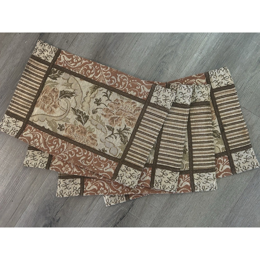 4 Chris Madden? Fall Tapestry Placemats Floral Striped Brown Rust Braid Accent